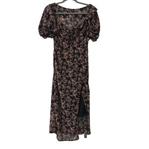Romantic Cottagecore Dress M Black‎ Pink Floral Puff Sleeve Peasant Midi Slit